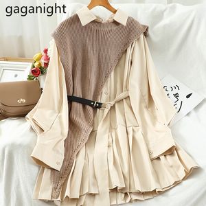 Gaganight Elegant Women Two Pieces Set Solid Long Sleeve Shirt Dress Knitted Irregular Vest Office Lady Suit 2 Pieces Set Korean LJ201117