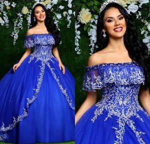 2021 Tanie Vintage Royal Blue Quinceanera Suknie Off Ramię Tulle Haft Plus Size Puffy Ball Suknia Formalna Party Prom Evening Suknie