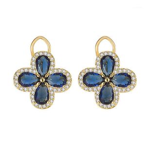 Stud Vintage Royal Trifoglio Blu Crystal Sapphire Gemstones Diamonds Orecchini per le donne Gold Colore Gioielli Bijoux Party Accessorie1