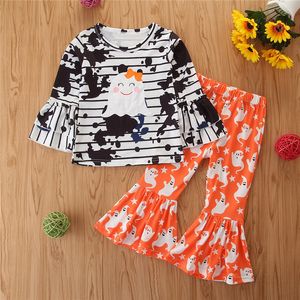 Kids Halloween Outfits Girls Cartoon Clohting Sets Children 2020 Autumn Striped Flare Sleeve T-shirt + Elf Long Pants 2pcs Suits S747