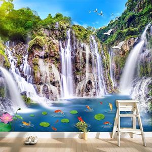 Foto tapet kinesisk stil klassisk hd vattenfall damm fisk vacker natur landskap 3d vägg väggmålning vardagsrum studera fresker