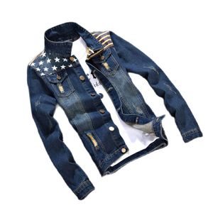 Risvolto moda 2021 marca bandiera nazionale stampata retrò streetwear bomber giacca coreana giacca slim giacca di jeans top da uomo