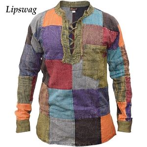 Vintage Farbe Block Patchwork Langarm Shirts Für Männer Casual Spitze-up Stehkragen Tops Herbst Herren Harajuku Streetwear 220222
