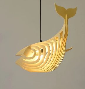 Handgjord Whale Lampshade Wood Animal Pendant Lätt Trä Hängande Ljus E27 Lampa För Vardagsrum Hem Docer Restaurang Dekoration