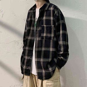 Camisa xadrez de outono camisa masculina retro camisa casual homens streetwear selvagem frouxo manga longa camisas de manga mens grande M-5XL G0105