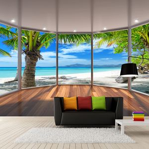 Custom Photo Wall Paper 3D Stereoscopic Balcony Window Beach Coconut Trees Scenery Background Decoration Mural Wallpaper