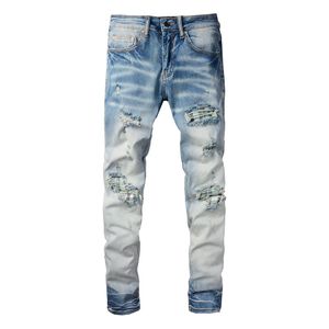 Jeans da motociclista da uomo Slim Fit Patch Hole Pantaloni da uomo in denim blu chiaro Jean Pantaloni casual taglia grande 28-40