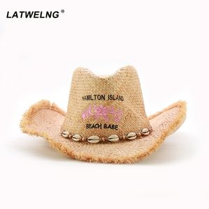 Nya trendiga skalbälte kvinnor Panama Cowgirl Raffia Beach UV Hats män cool jazz Summer Visor Cap Western Cowboy Sun Hat Y200602