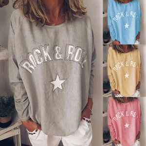 Rock&Roll Star Printed T shirts Women O Neck Long Sleeve Music Setting Zircon Stone Tee Top Female Autumn Outwear Tops Plus Size Y200109