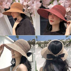 女性の夏の屋外の紫外線保護折りたたみの太陽の帽子大きい広い縁のビーチ弓結び麦わら帽子通気性の良い日焼け防止キャップG220301