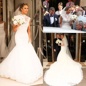 Elegancka Sheer Mermaid Duża Suknia Ślubna Illusion Plus Size Lace Aplikacja Tulle Afryki Kraj Bridal Suknia Worę Bride Dress Custom