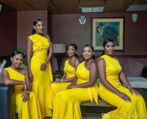 Wholesale purple bridesmaids resale online - 2022 Yellow One Shoulder Mermaid Bridesmaid Dresses African Satin Prom Party Dress With Sash Pleats Long Formal Wedding Guest Gowns BC4316
