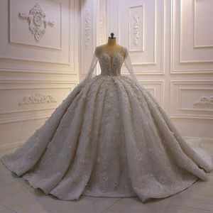 Luksusowa Suknia Ball Vintage Suknie Ślubne Długie Rękawy 3D Kwiatowe Aplikacje Cekinowe Vestido De Novia Plus Size Suknie Ślubne