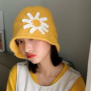 Women Chunky Crochet Knit Dome Bucket Hat Daisy Floral Round Top Fisherman Cap