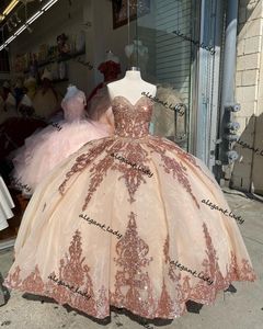 Rose Gold Sequins Applique Quinceanera Klänningar 2021 Sweetheart Lace-up Corset Ruffles Tiered Skirt Princess Vestido Mexicano