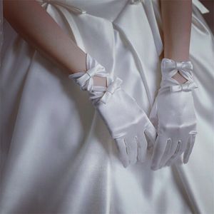 Hochzeitshandschuhe Spitze White Bogen kurze Satinzubehör Blumenmädchen Handschuhe