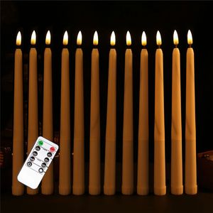12 따뜻한 흰색 원격 Flameless LED 테이퍼 촛불, 현실적인 플라스틱 11 인치 긴 아이보리 화이트 배터리 작동 촛대 Y200531