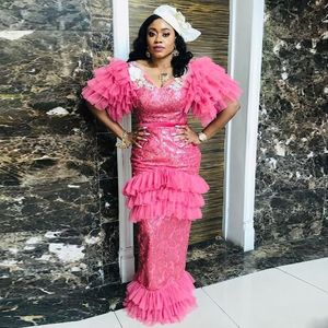 Anguria Aso Ebi Abito da sera Pizzo africano Plus Size Sirena Abiti da ballo A strati con volant in tulle Manica Abiti da festa nigeriani Vestidos