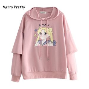 メリープリティレディース漫画プリントフード付きスウェットシャツ冬の長袖パッチワークパーカーFemme Harajuku Pullovers LJ201103