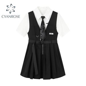 Women Dresses Sweet College Girl Tie Shirts Harajuku High Waist Pleated Vest Mini Gothic Dress Summer 2 Piece Sets Female 220302