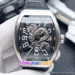 Nuovo V45 Data 44mm Cassa in acciaio Quadrante nero 3D Argento Dragon King Orologio da uomo automatico Orologio in pelle Orologi in gomma Timezonewatch TWFM E200d2