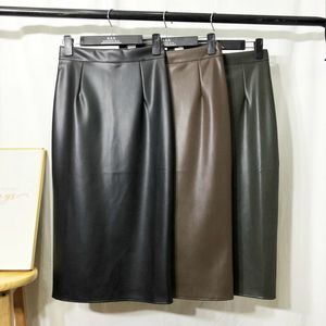 Herbst Winter Lange Leder Rock Frauen Büro Städtischen Pu Bleistift Hohe Stretch Abstrakte Muster Slip Hüfte Weibliche Q0119