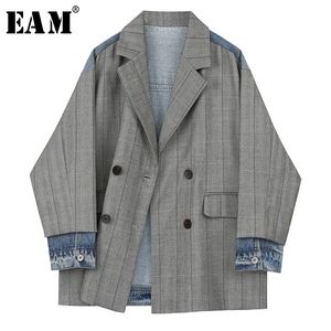 [EAM] Blazer da donna di grandi dimensioni in denim con retro scozzese grigio Nuovo risvolto manica lunga giacca ampia vestibilità moda marea primavera autunno 1X216 201201