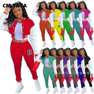 CM.YAYA Letter B Baseball Women's Tracksuit Single Breasted Jacket and Sweatpants Matching Two 2 Piece Set Outfits Sweatsuit 220315