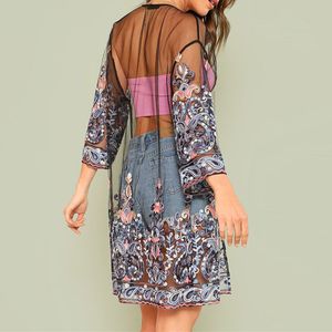 Frauen Lose 3/4 Ärmel Mesh Tops Gestickte Blumen Durchsichtige Bluse Strand Kimono Cardigan Sommer Frauen Urlaub Blusen Hemd Y200930