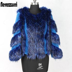 Nerazzurri Winter fox and rex rabbit color block patchwork fake jacket blue short warm big size faux fur coat women 201110