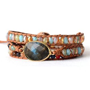 High End Women Armband Gilded Labradorite Vintage Leather Wrap Armband Girl Holiday Armband Femme Gifts Dropship Y200730