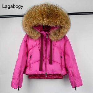 Lagabogy Top Quality Winter Coat Women Large Raccoon Fur Hooded 90% White Duck Down Thick Parkas Female Snow Puffer Jackets 211221