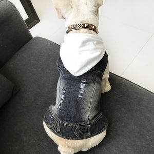 小型犬用の犬の服フレンチブルドッグデニムジャケットチワワジーンズコートフード付きベストパグ猫ペットコスチュームS-4XL T200710231y