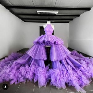 2021 Luksusowy Czerwony Dywan Suknie Wieczorowe High Lo Puffy Lostered Ruffles Lace Up Prom Suknie Plus Rozmiar Handmade Specjalna okazja Dress