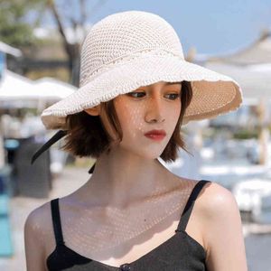 Летние Женские Sun Hats Большой Breim Классический Классический Классический Бантик Складной Мода Солома Повседневная Наружная Пляжная Шапка для Женщин УФ Защищенные Женские G220301