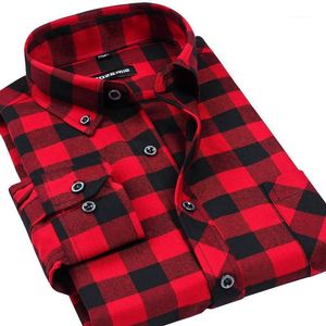 Mäns Casual Shirts Partihandel - Höst Vinter 2021 Herr Plaid Långärmad Slim Fit Komfort Soft Flannel Bomull Skjorta Fritidsformat Man Kläder