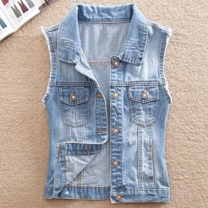 5XL Casual Loch Denim Weste Für Frauen Umlegekragen Slim Jean Jacke Weibliche Große Größe Ärmellose Denim Weste Veste Femme 201029