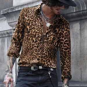 Leopardo masculino impressão de manga longa camisa ocasional de alta qualidade manga comprida marca roupas camisas