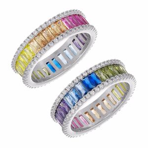 Silver Color Wedding Engagement Band 2021 Spring Summer New Rainbow Baguette CZ Eternity Ring For Women Ladies