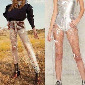 Moda PCV Plastikowe Wodoodporne Spodnie Przezroczyste Solidna Wysoka Talia Szerokie Spodnie Niski Luźne Spodnie 201012