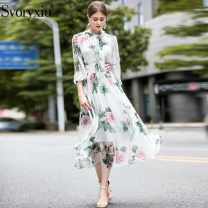 SVORYXIU Pist Tasarımcısı Yaz Uzun Elbise kadın Zarif Yay Yaka Gül Çiçek Baskı Bohemian Tatil Şifon Elbiseler 201204