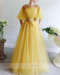 Cap Sleeves med Golden Sequin Evening Beading A-Line Yellow Prom Dress Vestidos de Fiesta Largos Elegantes de Gala Vestidos defiesta