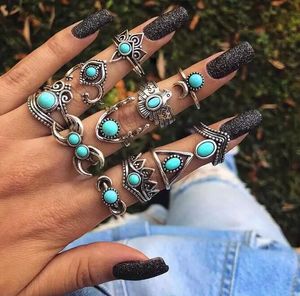 11Pcs/Set Bohemia Boho Retro Ring Set Vintage Turquoise Silver Color For Women Jewelry Factoy Direct Wedding Gift for Lady Wife Girfriend