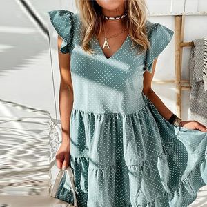 2020 verão bolinhas mulheres vestido casual borboleta curta manga uma linha Sundress Sexy V-pescoço Ruffle festa de praia vestidos vestidos y0118