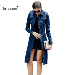 Women Autumn Cotton Slim Denim Trench Coat Long Sleeve Vintage Casual Jeans Windbreaker Pencil Dress with Belt Overcoat 4XL 201028