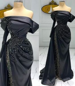 Formal Classic Evening Black Dresses Off the Shoulder Ruched Satin Gorgeous Beading Sequins Women Plus Size Prom Party Gowns Long Arabic Vestidos De Festa