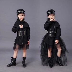 Kleding sets kinderen zwart pak meisje model competitie t fase mode show jurk prestaties jurk riem hoed glazen staart delige