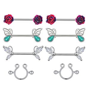 Anello per capezzolo con fiore rosa 14G, bilanciere per piercing al capezzolo a farfalla per gioielli per il corpo da donna