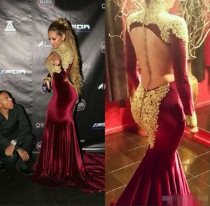 Bury Prom Dresses Long Sleeves High Neck Gold Lace Applique Sexy Backless Custom Made Veet Hollow Evening Party Gowns Vestidos 403