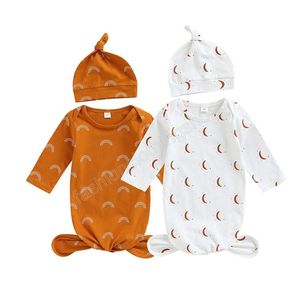 Noworodek śpiwór Baby Sleeping Torba z kapeluszem 2 szt. Księżyc Sun Print Swiastdle Wrap Knot Toddler Cartoon Sleep Worki rekina Prop